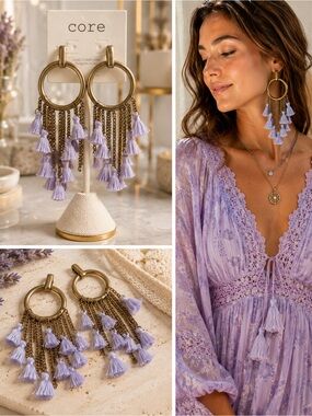 Boho Lavender Tassel FringeEarrings Gold Tone Hoop Dangle Earrings Festival Chic